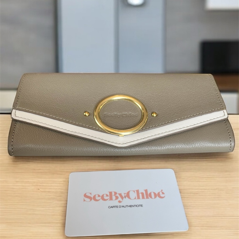 See By Chloe’ Aura Taupe and Off-White Long Leather Flap Wallet w/COA Card -NWOT